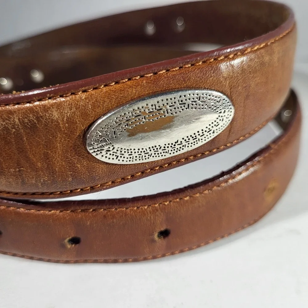 Brown Leather Belt 46 Silver‑Tone Buckle Medallions Western Unisex